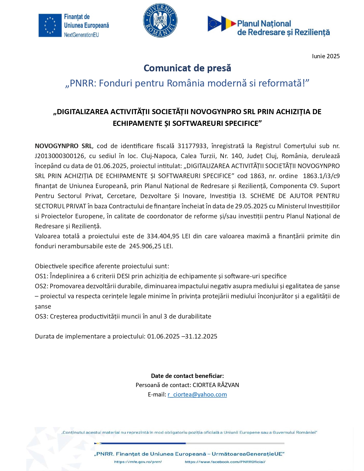 Comunicat de presă – „Digitalizarea activității societății NOVOGYNPRO SRL prin achiziția de echipamente și softwareuri specifice”