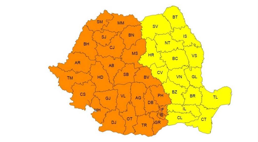Cod portocaliu de caniculă în peste jumătate din țară, vineri și sâmbătă