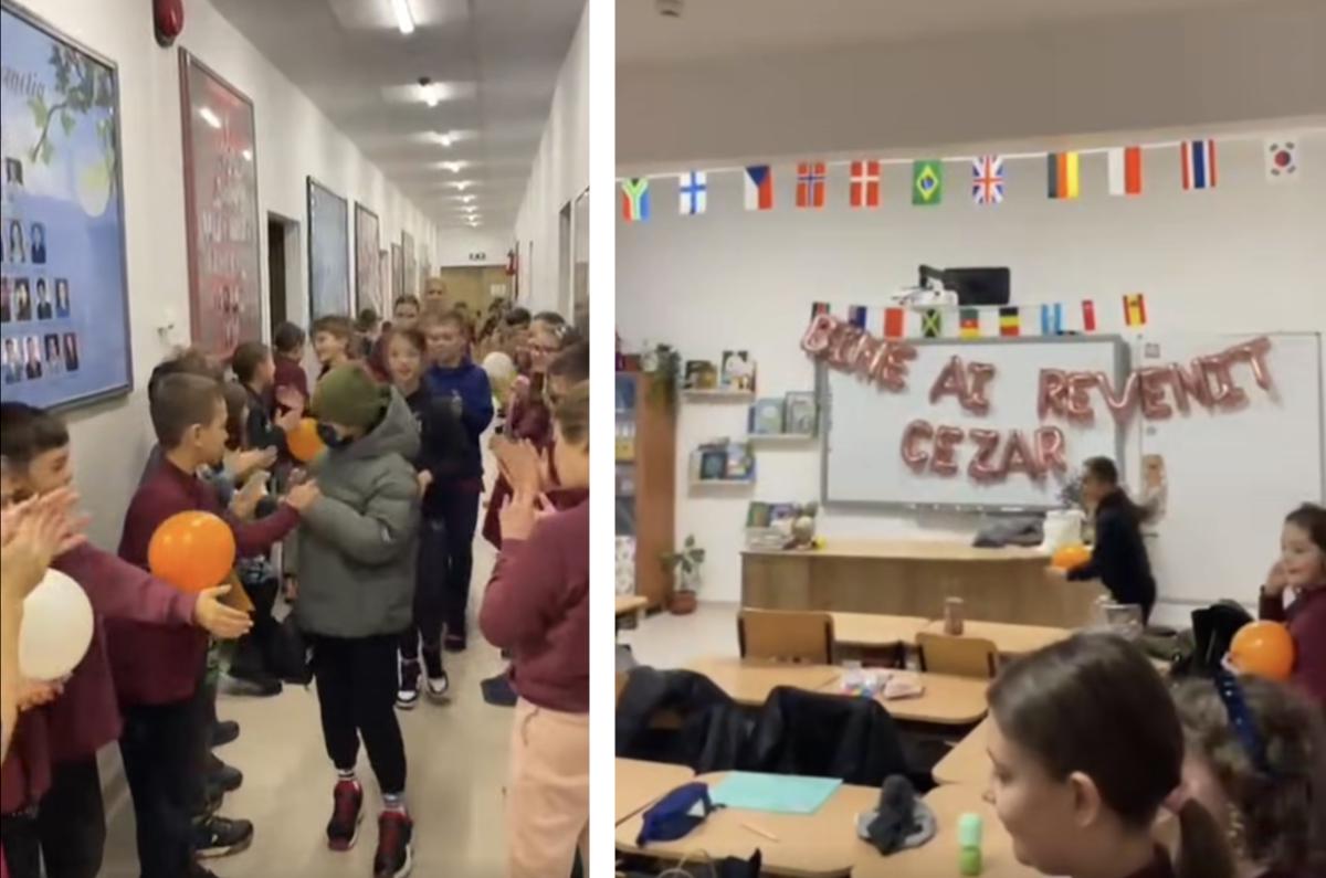 Elev din Cluj, erou în lupta cu cancerul, este primit de colegi cu aplauze. Felicitări copiilor și profesorilor.
