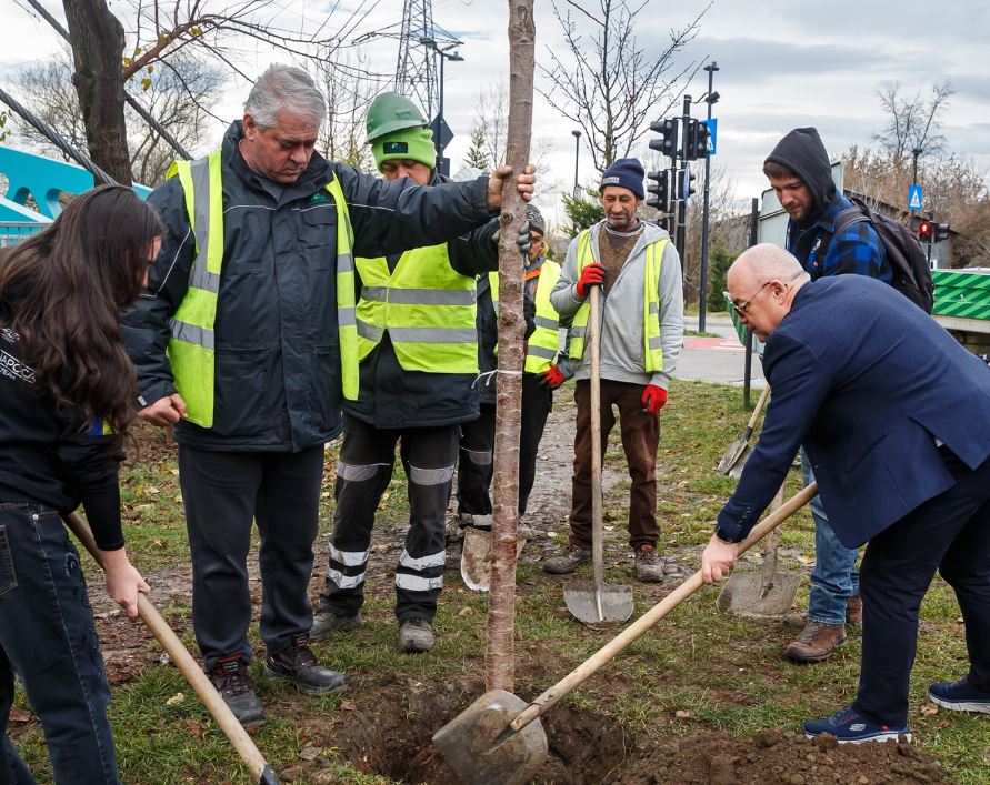 Noi spații verzi în cartierele Clujului! Emil Boc, alături de studenți în cadrul unei acțiuni de plantare de arbori: „«Buzunarele verzi» prind viață în Iris și Someșeni”.