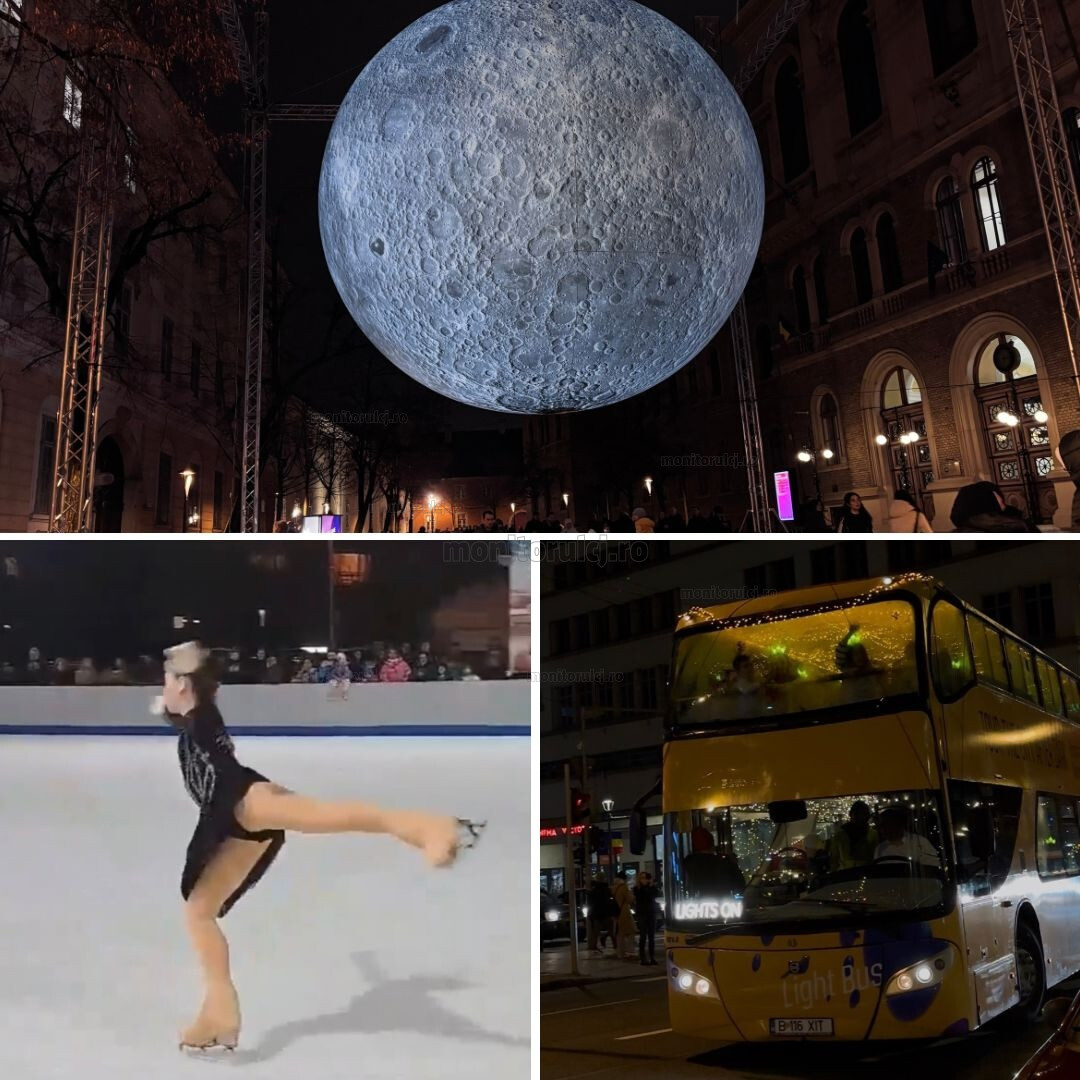 Clujenii au dat o tură de oraș cu Autobuzul Luminii și au admirat luna și demonstrații de patinaj artistic la Târgurile de Crăciun