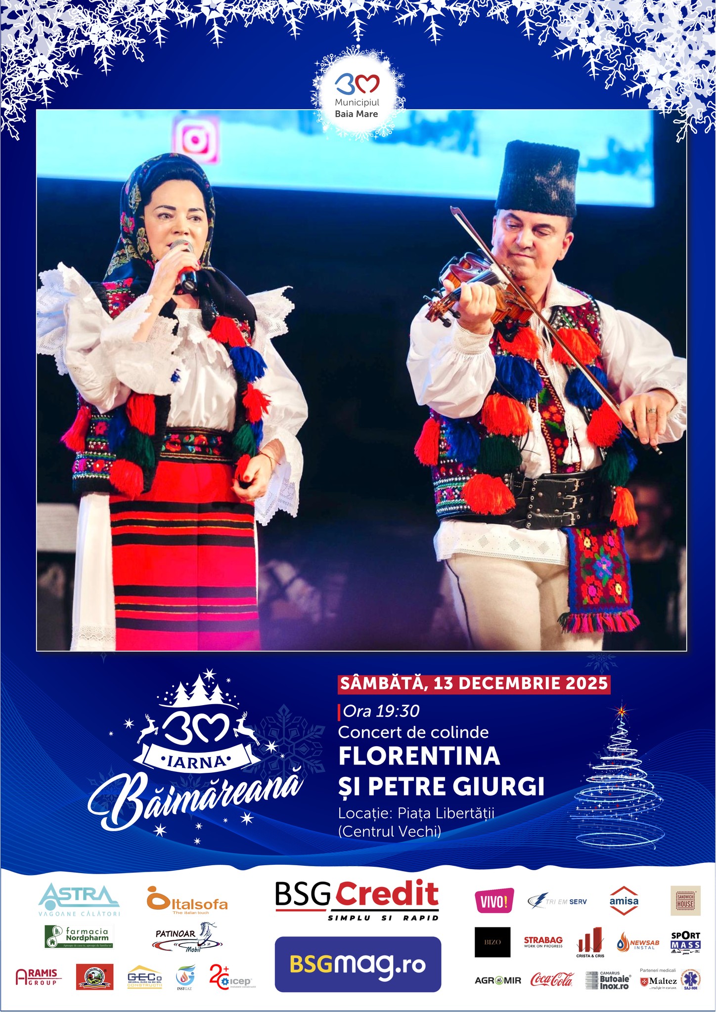 Baia Mare își deschide sufletul de sărbători: Florentina și Petre Giurgi aduc magia colindelor în inima orașului